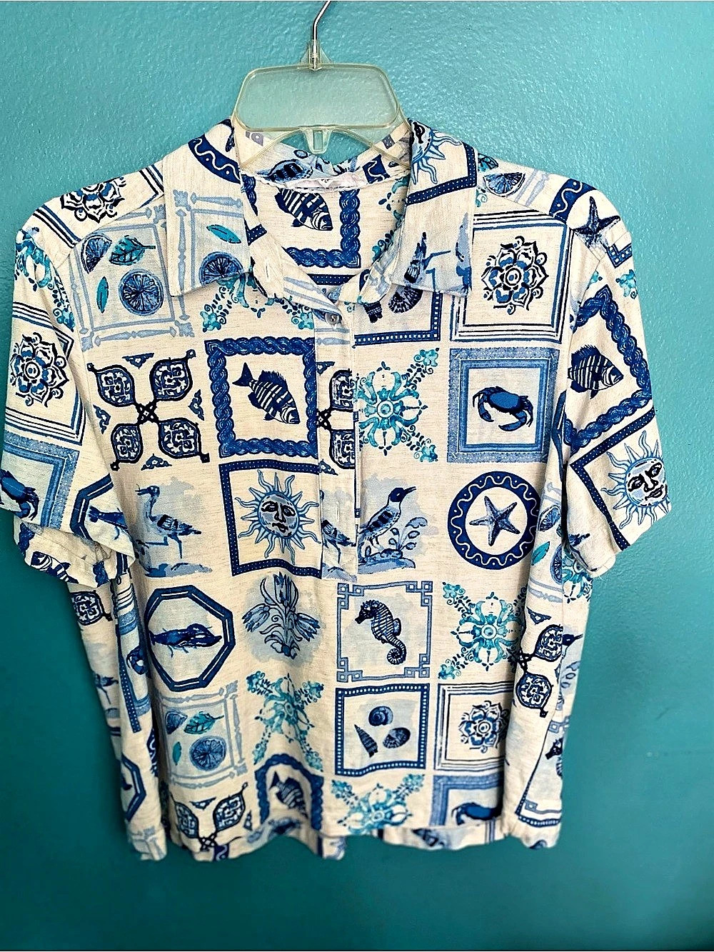 Jane&Delancey Rayon/Linen Geometric Short Slv Shirt Blue/White Large